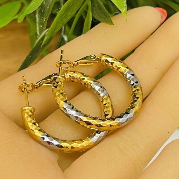 Vintage Diamond-cut Hoop Earrings Diva Sparkling Fancy Drop Silver Gold 1191 - Picture 3 of 6